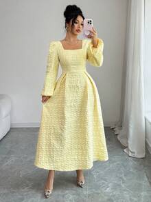 Rafferiza 女士时尚优雅方领纹理面料连衣裙 - 鵝黃色 - 查看 6