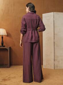 Anewsta 2pcs/Set Autumn/Winter Lace-Up Waist Utility Shirt + Wide Leg Pants Suit - Purple - View 2