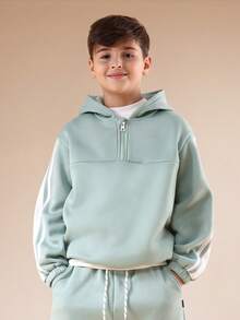 SUMWON 男童半拉链连帽卫衣和阔腿运动裤套装，带中央口袋，适合休闲和度假穿着。 - 綠色 - 查看 3