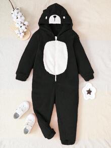 Sparklyn 少女休闲可爱卡通熊刺绣3D耳朵连帽拉链毛绒连体衣，秋冬款 - 黑與白 - 查看 1