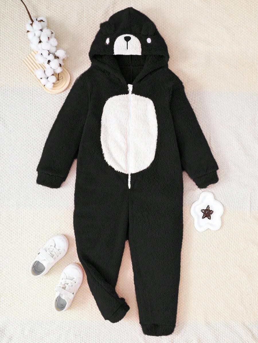 Sparklyn 少女休闲可爱卡通熊刺绣3D耳朵连帽拉链毛绒连体衣，秋冬款 - 黑與白 - 查看 1