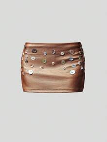 ROMWE Minifalda de cintura súper baja con efecto dorado metálico y bordado de concha en estilo retro sexy - Dorado - Ver 1