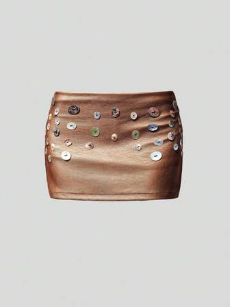 Jupe mini à taille très basse avec effet métallique doré et broderie de coquillage rétro sexy