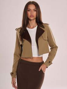 Avenya Elegant Shades Of Brown Autumn Color Block Lapel Cropped Windbreaker Jacket,Fashionable Office Patchwork Short Buckle Suit Top,Y2K Goddess Style - Brown - View 1