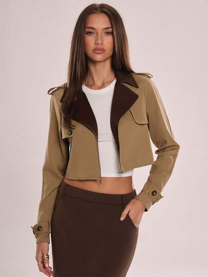 Avenya Casual Color Block Lapel Cropped Windbreaker Jacket, Fashionable Collar Design Multifunctional Winter Brown Patchwork Jacket, Excellent Waist Exposed Short Sleeved Buckle Suit Top, Fashionable Casual Commuting, Gold Style, Kendall Style, Office Alarm, Sexy Goddess, Suit Style, Academic Atmosphere, Spicy Girl Style, Y2K, New Year's Clothing, Valentine's Day, Gift For Girlfriend, Gift For Family, Gift For Friends, Campus Attire,Autumn