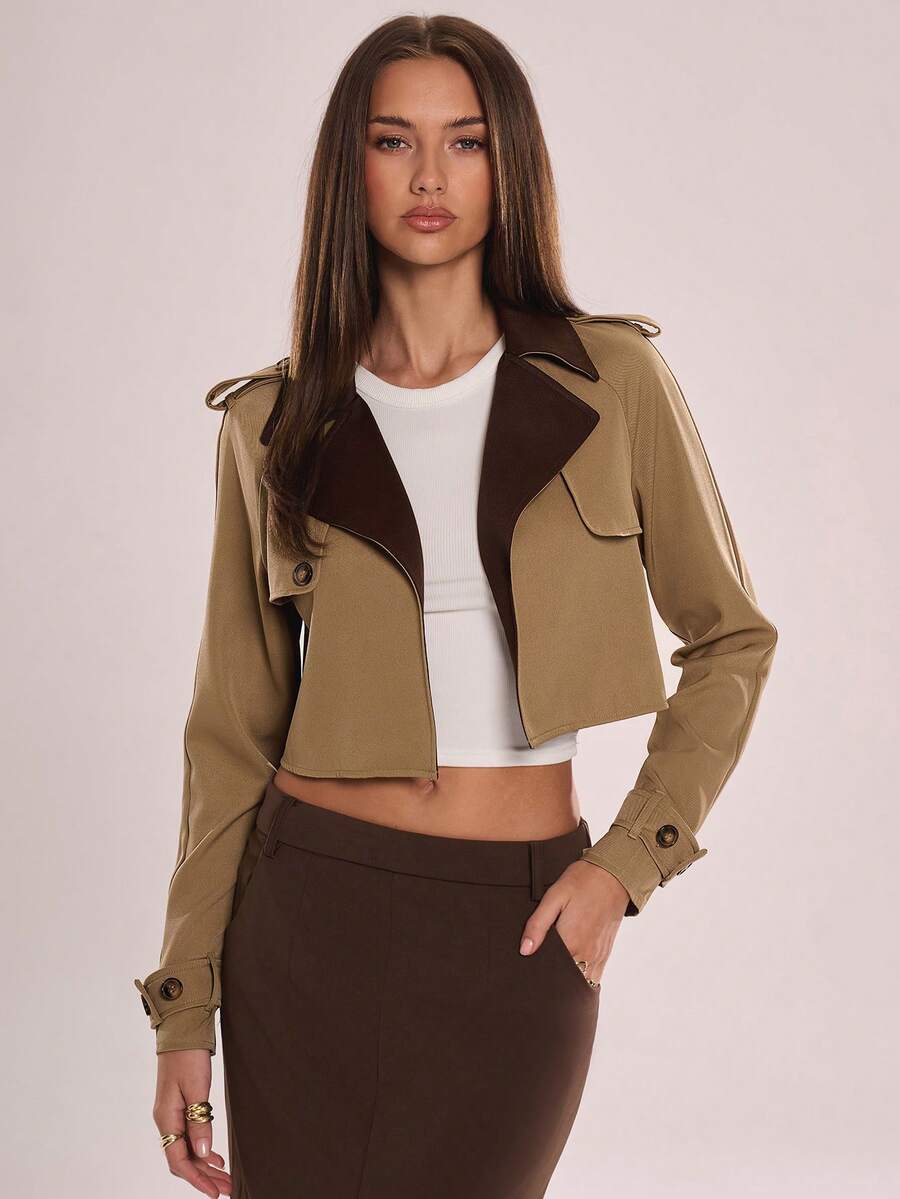 Avenya Elegant Shades Of Brown Autumn Color Block Lapel Cropped Windbreaker Jacket,Fashionable Office Patchwork Short Buckle Suit Top,Y2K Goddess Style - Brown - View 1