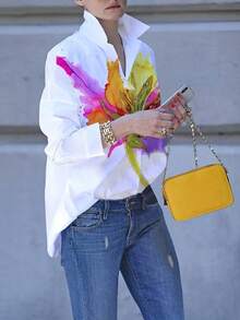 EMERY ROSE 女士花卉印花落肩长袖单排扣休闲衬衫