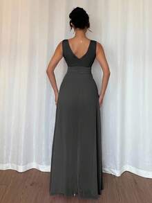 Rafferiza 优雅 V 领褶饰腰部珍珠雪纺阔腿连体裤，适合婚礼宾客着装，紫色 - 黑色 - 查看 2