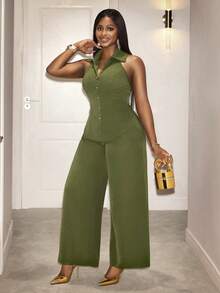 Lineaform Women's Elegant Summer Olive Green Sleeveless Backless Jumpsuit,Lapel High Waist Wide Leg Style For Night Out,Wedding,Gala,Commuting,Holiday,Parties - Army Green - View 7