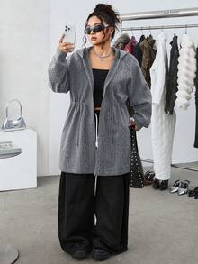 SHEIN EZwear Plus Size Knitted Cable Pattern Hooded Drawstring Pocket Padded Coat, Autumn/Winter Cable Knit Hooded Fall Coat - Red and White - View 6