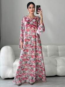 Yasmyna 女士印花V领优雅长袖阿拉伯连衣裙 - 彩色 - 查看 6