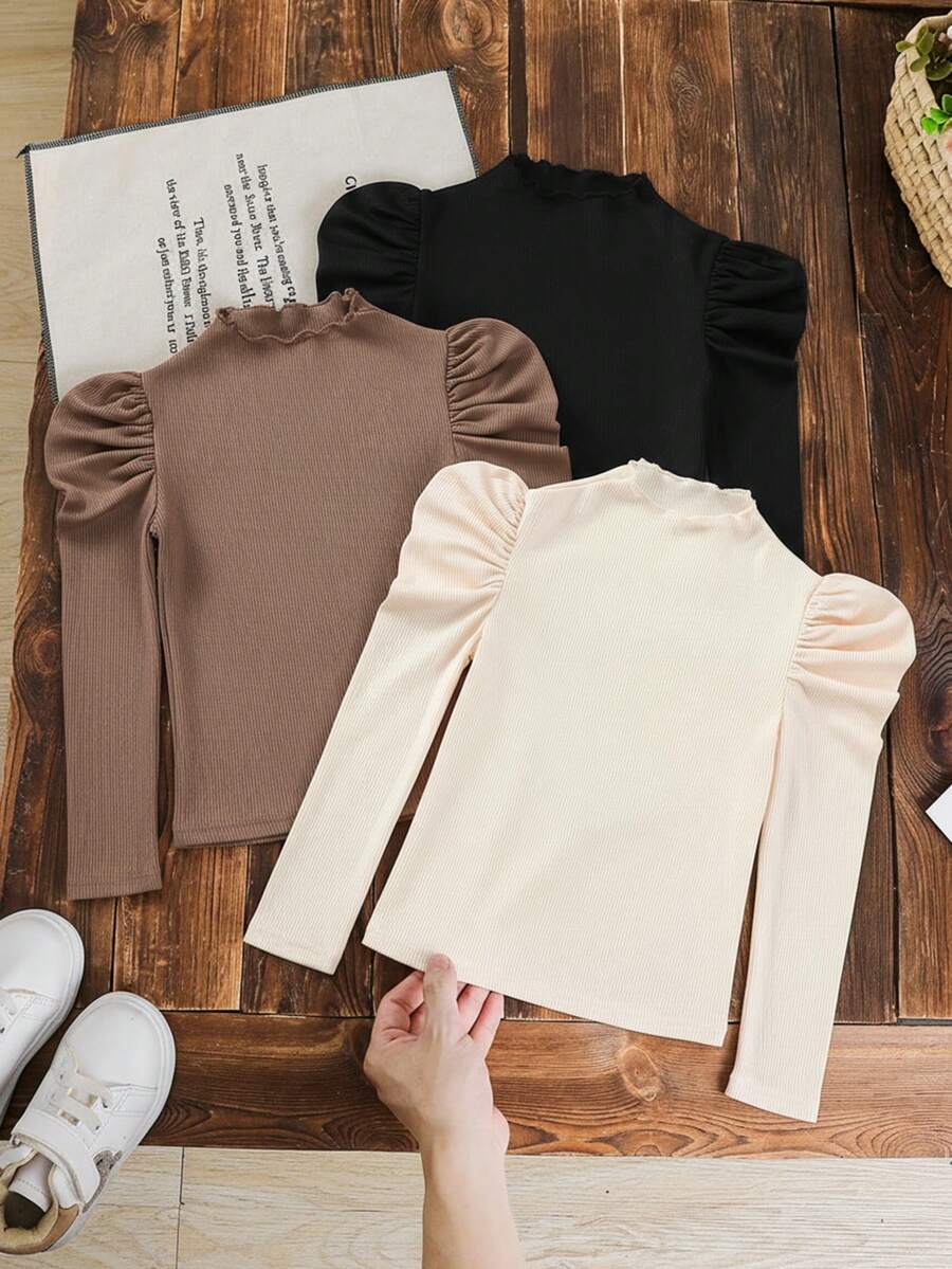 SHEIN 3pcs/Set Young Girl Casual All-Match Fitted Stand Collar Long Sleeve Heart Print T-Shirts, Versatile For Autumn/Winter - Multicolor - View 1