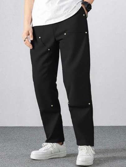 Coolqubz 1pc Men & Teenage Boys High Street Fashion Simple Woven Tapered Pants, Rivet Decor, Comfortable Fabric, Slim Fit, Spring New Arrival, Suitable For All Seasons, Versatile Color, Suitable For Multiple Occasions,Unisex Black Studded Pants Baggy Black Pants Mens Black Pants Black Relaxed Fit Pants Black Cargo Pants