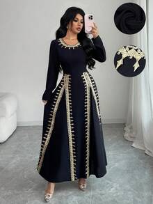 Elenzga 女士优雅时尚通勤休闲舒适迷人复古浪漫假日派对长袖圆领A字下摆领口拼接金线蕾丝纯色连衣裙 - 黑色 - 查看 8