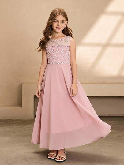 Elegant Long Chiffon Sleeveless Dress For Tween Girls, Suitable For Evening Party, Christmas, Halloween, Prom, Wedding, Graduation And Other Occasions