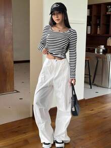 SHEIN EZwear Striped Print Scoop Neck Tee