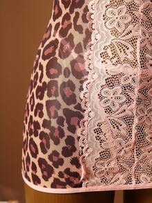 Sexy 2-teiliges Set: Süß, wild, modischer Kontrast-Farben-Tierdruck-Spitzen-Patchwork-Trägerkleid + String-Dessous - Verschiedenfarbig - Übersicht 5