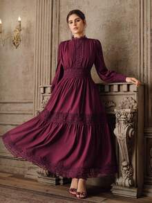 Anewsta Elegant French Style Burgundy Red Dress, Waist Cinched, Slim Fit, Hollow-Out Lace Patchwork, Flared Dress For Women - Dusty Pink - View 6