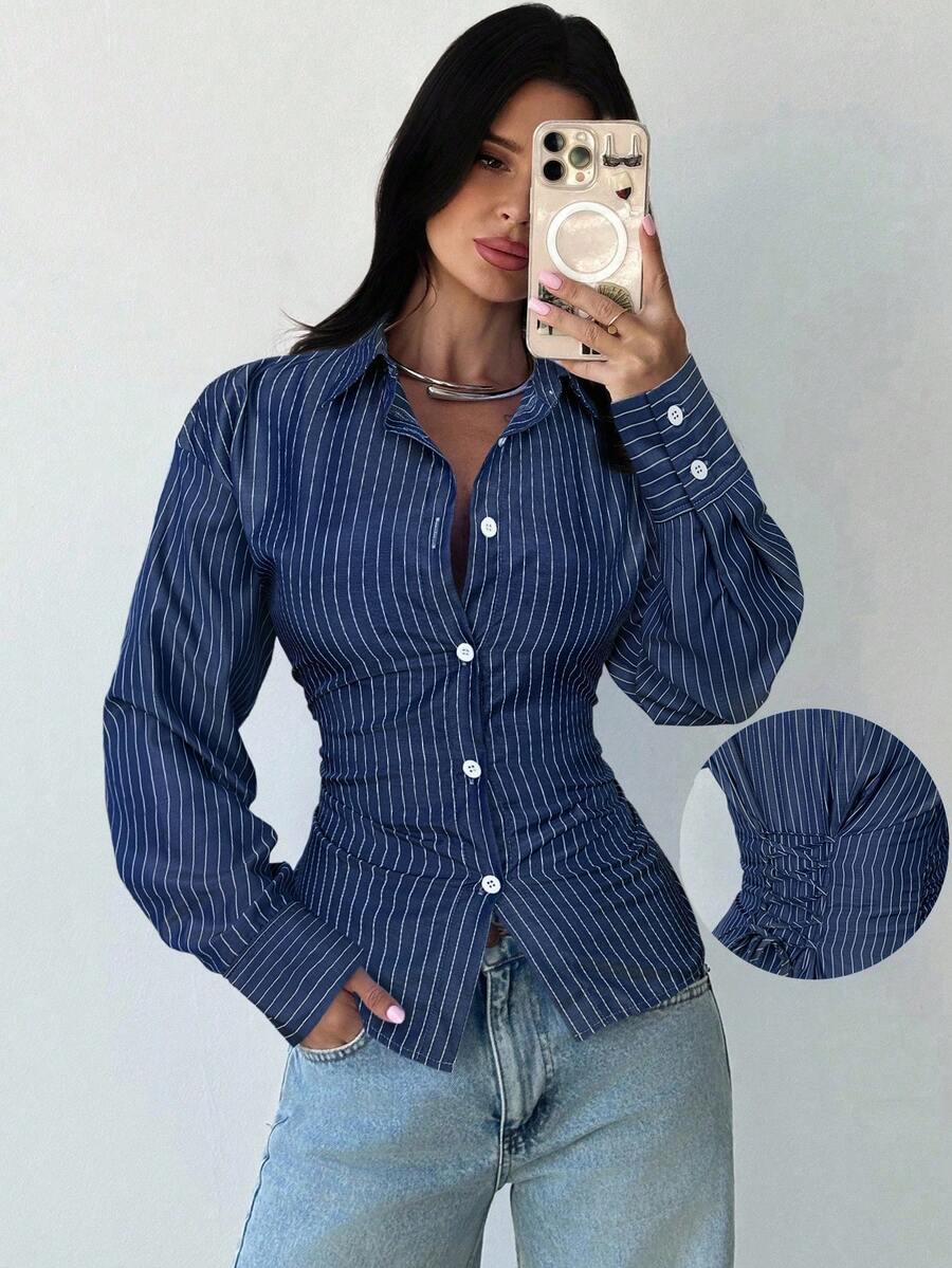 Firerie 女士蓝白条纹长袖衬衫，系带腰身，休闲通勤衬衫，度假衬衫，收腰条纹衬衫，适合春、夏、秋、冬四季穿着，优雅、度假、波西米亚风、工作装 - 藏蓝色 - 查看 1