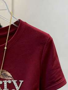 Resyla Cherry Leopard Print Digital Pattern Women's Casual Round Neck Short Sleeve T-Shirt, A Gift For Friends - Burgundy - View 3