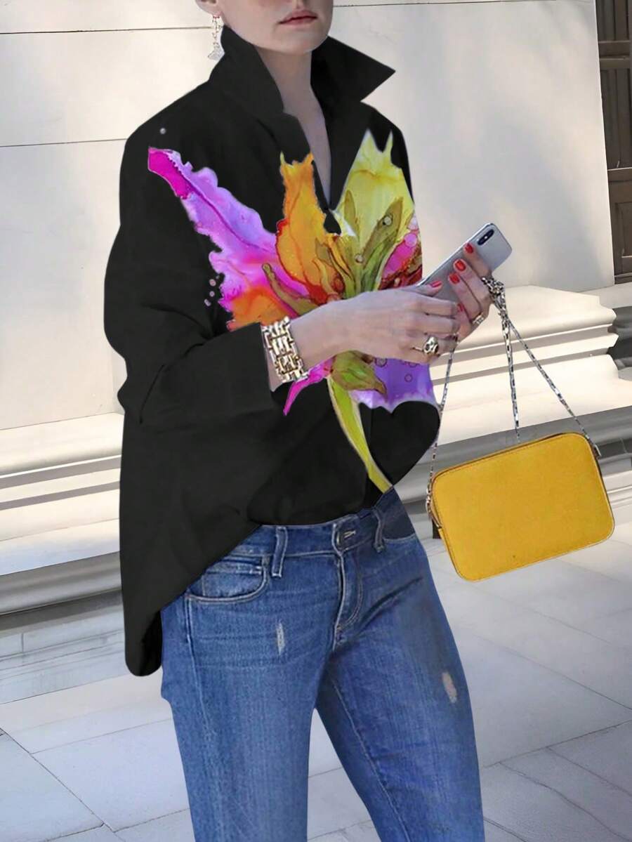 SHEIN LUNE Women's Fashionable Long Sleeve Shirt Suitable For Summer - Multicolor - View 1