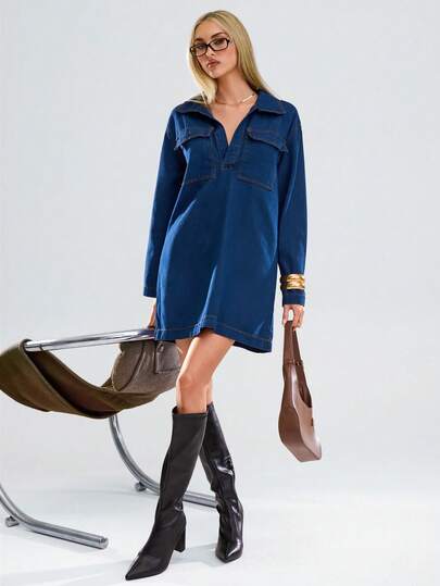 Avantive Fall&Winter Halloween Christmas New Year Going Out Graduation Prom Elegant Formal Luxury Chic Business Casual Birthday/Office Outfits/Country Concert/Club Outfits Sexy/Western/Work Clothes/Streetwear/Vintage/Festival/Cocktail/Rave/Prom/Hawaii/Airport/Funny/Basic/Brunch Outfits/2000s Style/Bodycon/Old Money Style/Church/Homecoming/Classy/Party/Modest/Date Night/Autumn/Winter/Blue Washed/Cowgirl/Long Sleeve/Turndown Collar Long Sleeve Utility Pocket Casual Loose Denim Dress