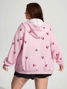 Enliva Moletom feminino plus size folgado, estampa de flor de cerejeira, volta às aulas, moletons, com capuz, blocos de cores, frutas e vegetais, poá, roupas de outono para mulheres, inverno, CURVE PLUS - Rosa - Ver 3