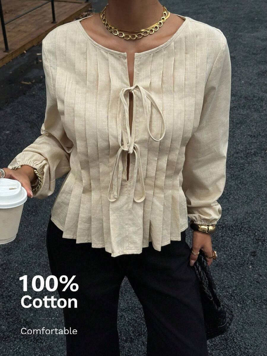 Siren Gaze 女士褶皱圆领系带长袖衬衫 - 杏色 - 查看 1