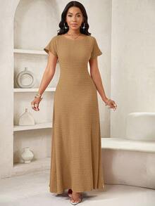 SHEIN Lady 夏季高端小众设计质感面料针织提花长裙女式夏季收腰优雅连衣裙 - 卡其色 - 查看 6