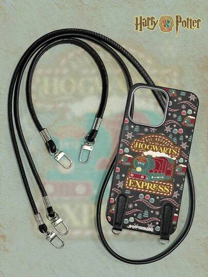 HARRY POTTER X SHEIN Wizarding World Themed Black Faux Leather Soft Phone Case With PU Long & Short Straps, Wizarding School Express & Christmas Elements Prints, Fashion Casual Style Compatible With IPhone & Galaxy, Ideal For Potter Enthusiasts Daily Life & Travels