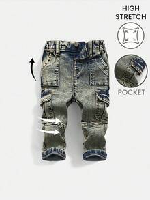 Pantalones vaqueros azules de bebé niño con bolsillo de carga, estilo vintage desgastado y elástico, para otoño e invierno, uso casual y versátil, ropa de calle, Navidad, Año Nuevo, Acción de Gracias
