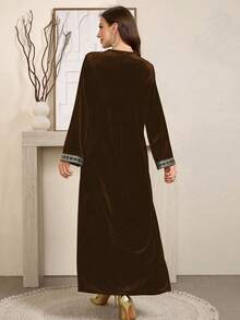 Al Najma 优雅丝绒长袖连衣裙，高品质女神风，2024春秋新款 - 卡其色 - 查看 2