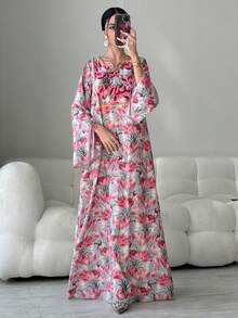 Yasmyna 女士印花V领优雅长袖阿拉伯连衣裙 - 彩色 - 查看 3