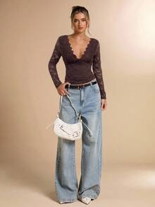 SHEIN BAE Autumn/Winter Solid White Sexy Lace Long Sleeve Backless Blouse, Sexy Backless Top, Autumn Top, Backless Undershirt, Outerwear Top, Autumn Women's Clothing, Old Money, Sexy Minimalist Women's Top, Suitable For Party, Cocktail Party, Formal Occasions, Birthday Top - Coffee Brown - View 5