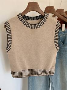 Comfortcana 女士休闲日常通勤校园风撞色滚边宽松针织背心，秋冬款 - 杏色 - 查看 4