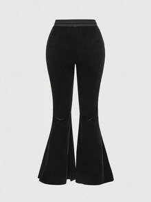 ROMWE Grunge Punk Dark Cross Wing Angel Sexy Goth Velvet Vintage Women Hoodie And Pants 2 Pieces Set - Black - View 8