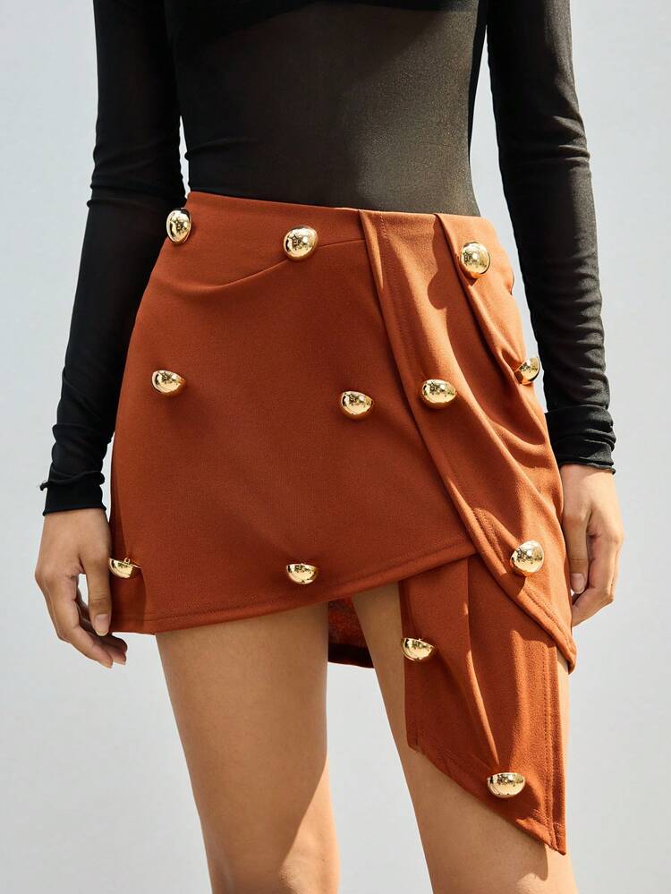 SHEIN Maija Women's Fashion Asymmetric Hem Metal Decor Skirt, Suitable For Commuting, Business, Casual, Office, Teacher, Elegant For Christmas, New Year Brown Skirt