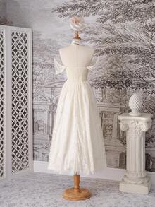 SHEIN MOD 杏色梦幻浪漫华丽蕾丝拼接缎面露肩连衣裙，带有层叠荷叶边和蝴蝶结 - 非常适合约会、派对、节日、茶会和生日装扮