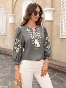 EMERY ROSE 女士休闲度假风印花流苏系领灯笼袖宽松衬衫，春秋季女装，春季外出上衣，波西米亚风上衣，灰色女式灯笼袖衬衫，灰色女式波西米亚风衬衫 - 軍綠色 - 查看 6