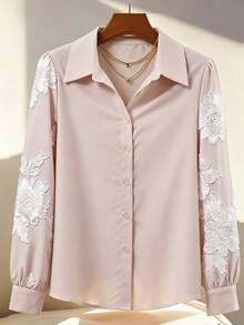 Selianne Women's Long Sleeve Shirt,Dusty Pink Winter Elegant Open Collar Mesh Textured Floral Patchwork Shirt For Party,Date,Thanksgiving,Christmas,Halloween - Apricot - View 1