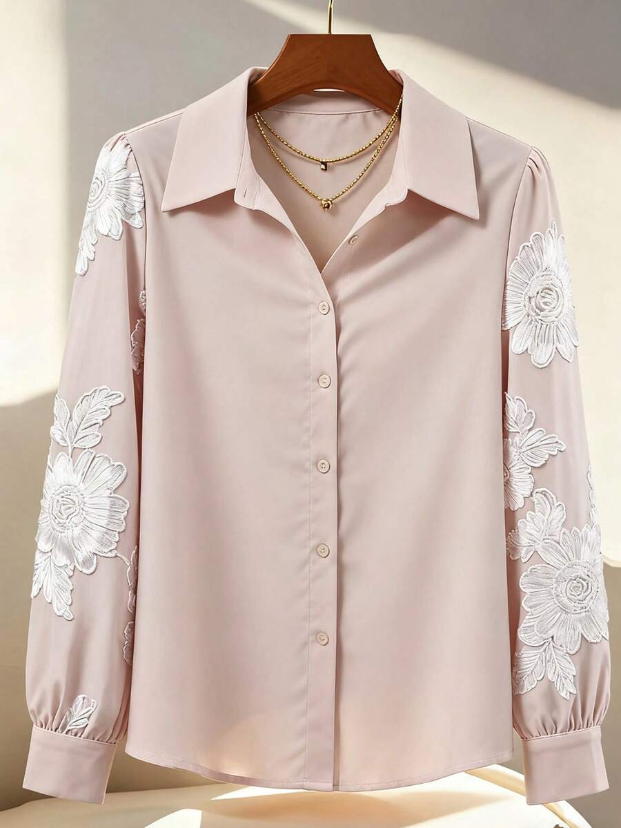 Selianne Women's Long Sleeve Shirt,Dusty Pink Winter Elegant Open Collar Mesh Textured Floral Patchwork Shirt For Party,Date,Thanksgiving,Christmas,Halloween - Apricot - View 1