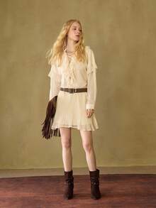 MOTF STUDIO 女士雪纺荷叶边系带褶裥短连衣裙，配腰带 - 杏色 - 查看 4