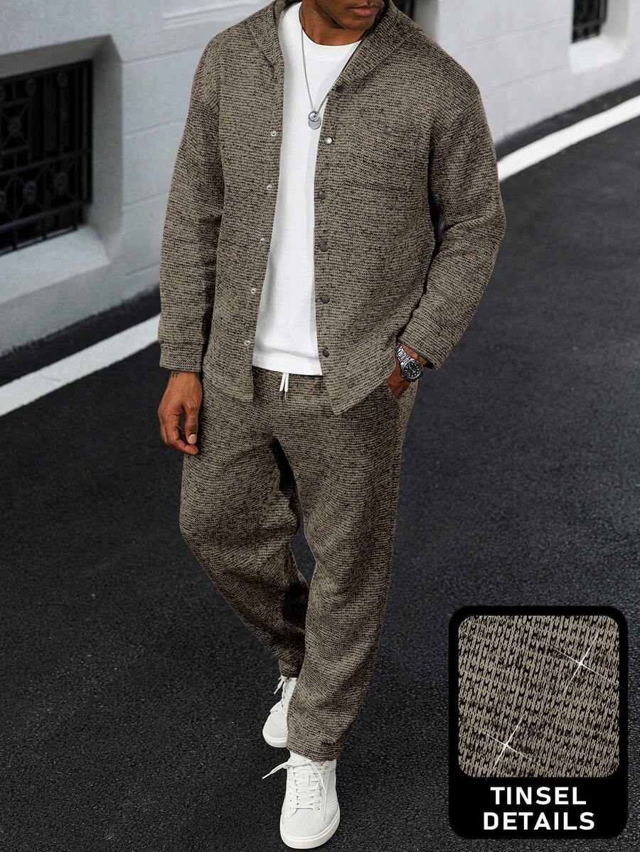 Manfinity Homme 男士休闲拉链连帽衫套装 - 卡其色 - 查看 1