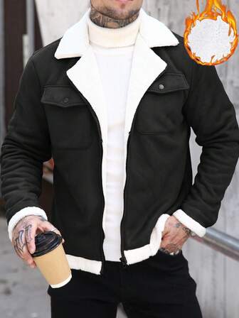 Manfinity Homme メンズカジュアルファッション ストリート デイリー通勤 コントラストカラー襟 サーマルライニング 暖かいカーゴジャケット、秋冬