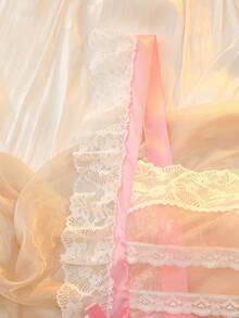 DelicateAllure Lencería de mujer talla grande con encaje de contraste y volantes de malla - Rosa - Ver 4