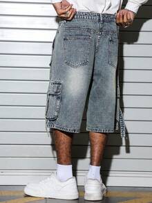 Manfinity EMRG Vintage Washed Loose Cargo Pants With Multiple Pockets, Versatile And Men's Denim Cargo Jorts - Medium Wash - View 2