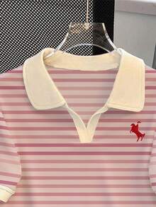 Resyla Áo thun tay ngắn sọc hồng thường ngày cỡ lớn dành cho nữ - Nhiều màu - Xem 3