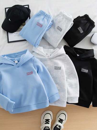 Genkimix Kids 2pcs/Set Young BoyFashionable Casual Lightweight Hoodie Sweatshirt And Drawstring Sweatpants, Suitable For Daily Sports And Running, Dark Gray, Light Gray, Navy