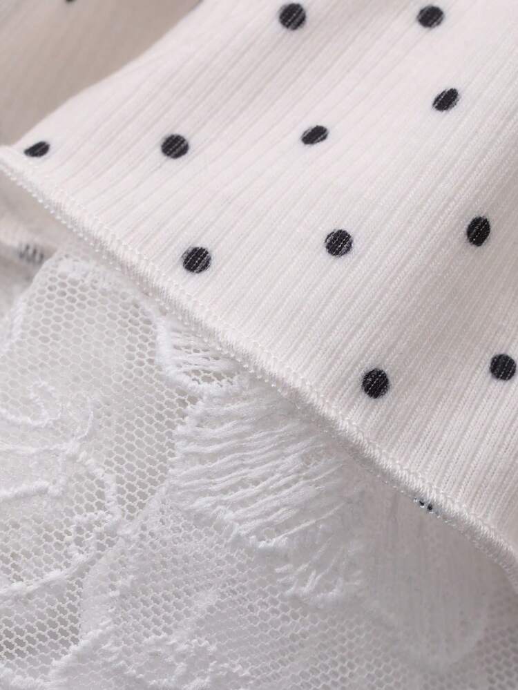 Young Girl' Round Neck All-Over Polka Dot Tie Long Sleeve T-Shirt, Spring/Autumn