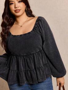 Elaquor Plus Size Women Square Neck Lantern Sleeve Ruffle Hem Casual Dark Grey T-Shirt Casual Shirt For Women Casual For Women - Black - View 4
